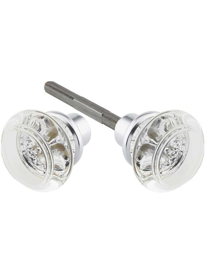 Pair of Lead Free Round Crystal Door Knobs with Brass Base in Polished Chrome.